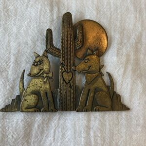 JJ Signed Vintage Brass‎ Brooch with In Love Dogs Cactus